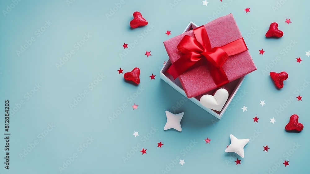 Poster top view photo of valentines day decorations open empty giftbox with red lid and star bow on isolate