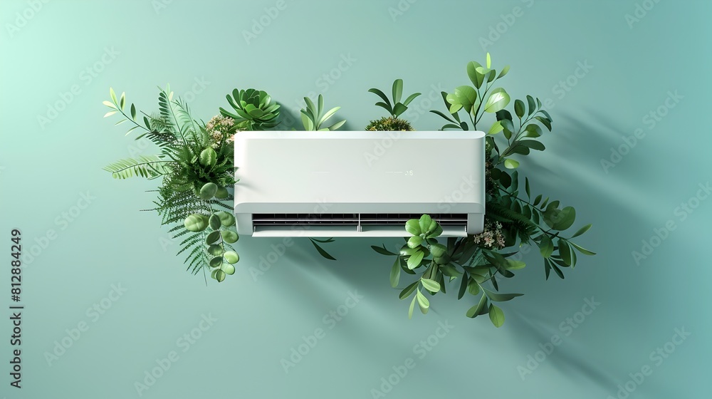 Poster innovative air conditioning unit blending seamlessly with lush greenery in sleek minimalist setting