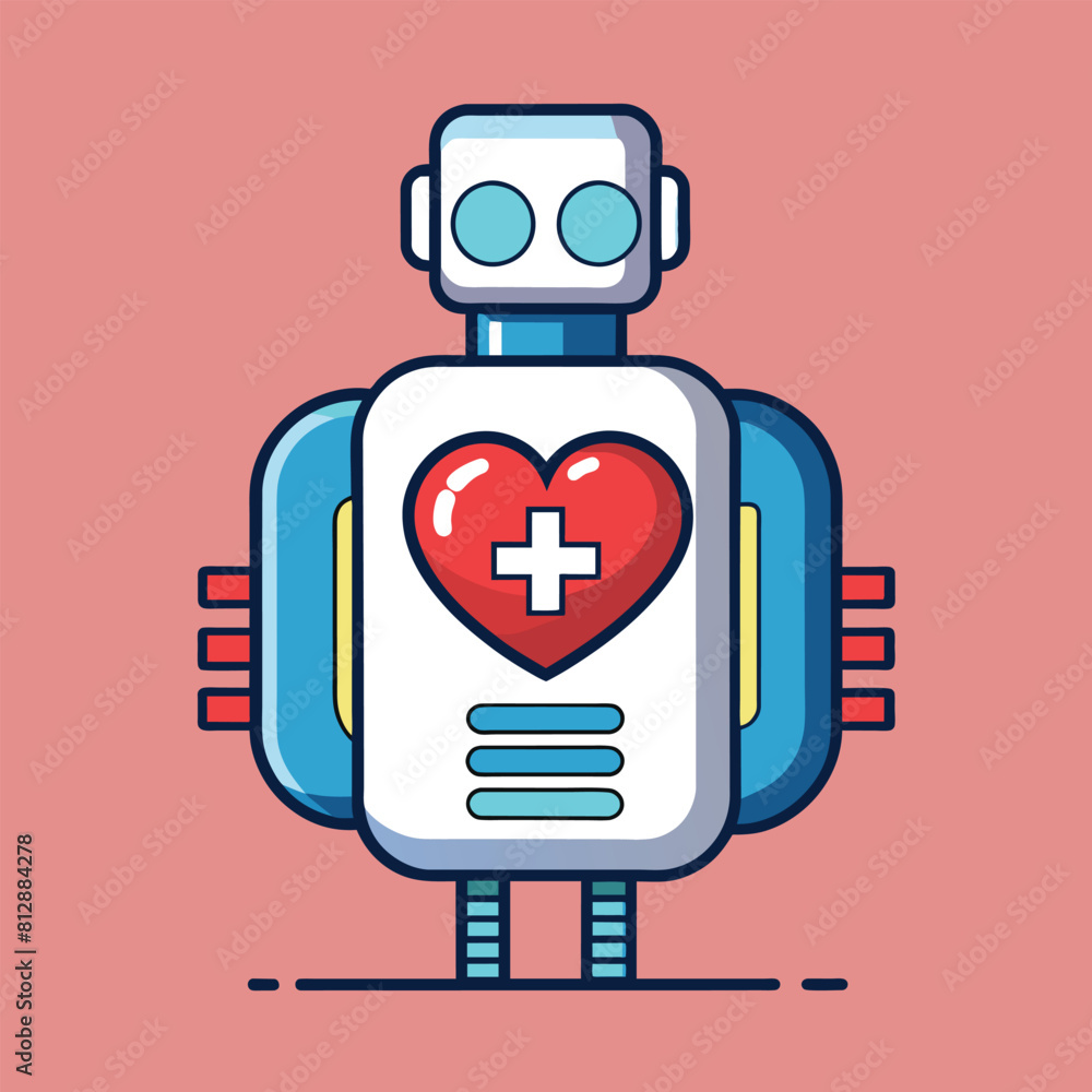 Poster a robot displaying a heart symbol on its chest area, create a minimalistic icon for a wearable healt