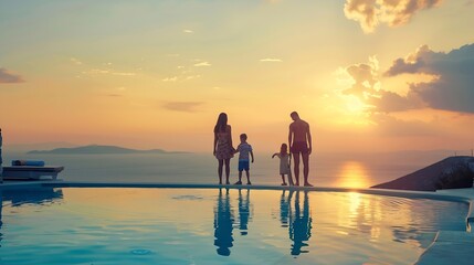 Fototapeta premium A happy family on summer holidays stands by the swimming pool and enjoys the beautiful sunset behind the mediterranean sea in Greece : Generative AI