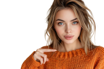 Confident woman dressed orange sweater pointing finger empty space on isolated transparent background
