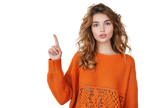Confident woman dressed orange sweater pointing finger empty space on isolated transparent background