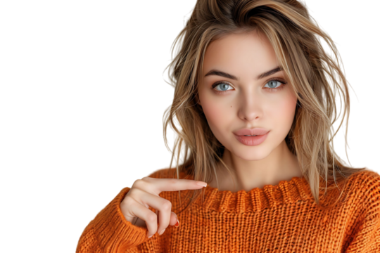 Confident woman dressed orange sweater pointing finger empty space on isolated transparent background