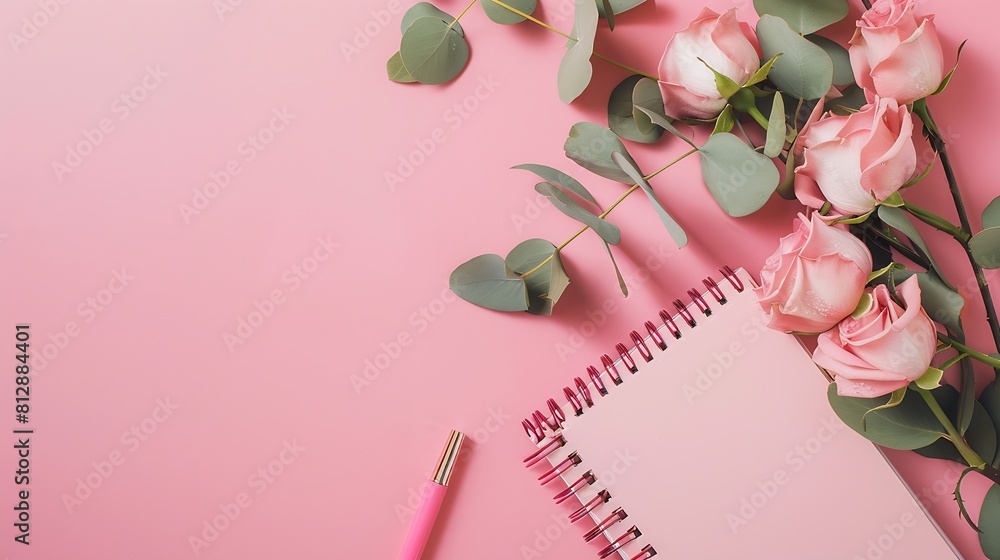 Aufkleber office desk with notebook rose flowers eucalyptus branch pink paper blank flat lay top view copy spa