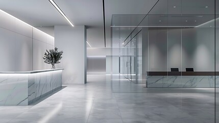 Modern office space featuring sleek glass partitions overhead linear lighting a marble reception desk and an open layout with minimalist aesthetics : Generative AI