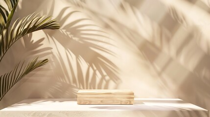 Wooden podium on an abstract beige and brown background with a shadow of palm leaves A scene with a geometric background Backdrop for the product presentation Empty showcase : Generative AI