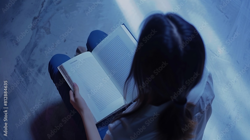 Poster top view of a woman reading an open book or magazine empty page mock up : Generative AI