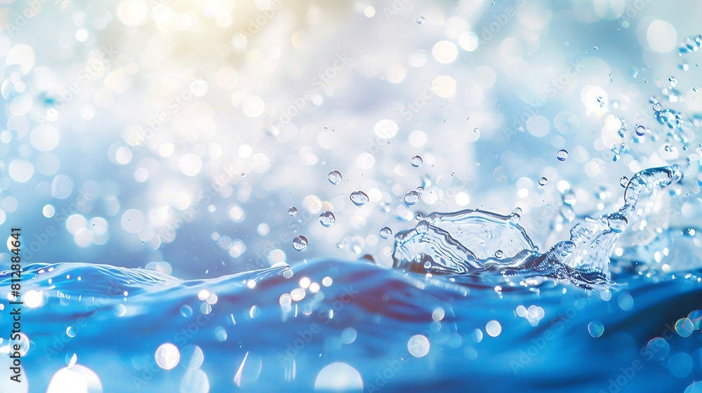 Fototapete defocused blurred transparent blue colored clear calm water surface texture with splashes and bubble
