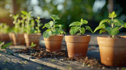 Plastic pots with various vegetables seedlings. Planting young seedlings on spring day. Growing own fruits and vegetables in a homestead. hyper realistic 