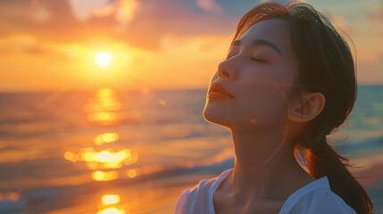 portrait of beautiful asian woman enjoying seaside at sunset exploring spirituality looking up praying contemplating journey relaxing on beach hyper realistic 