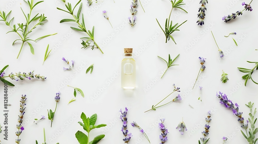 Aufkleber lavender essential oil in bottle fresh flowers and leaves isolated on white background creative layo