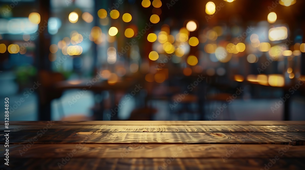 Aufkleber Empty dark wooden table in front of restaurant abstract blurred bokeh background can be used to demonstrate or mount your products Layout for space : Generative AI