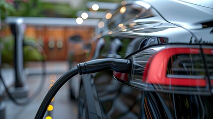 Power supply for electric car charging. Electric car charging station. Close up of the power supply plugged into an electric car being charged. hyper realistic 