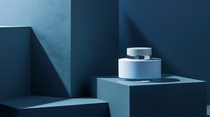 Podium or scene for products or cosmetics against dark blue background with abstractgeometric shadows : Generative AI