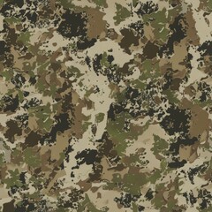 A camouflage pattern in shades of green, brown, and beige.
