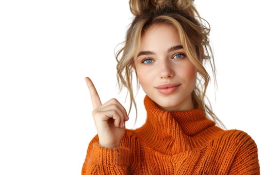 Confident woman dressed orange sweater pointing finger empty space on isolated transparent background
