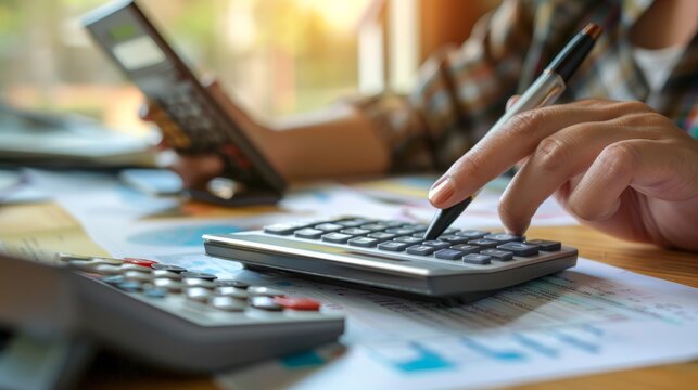 Pressing calculators, hand plans home refinance. House model, buy or rent, calculators on desk. Saving for property purchase, optimal mortgage payment. Tax, credit analysis for financial planning.