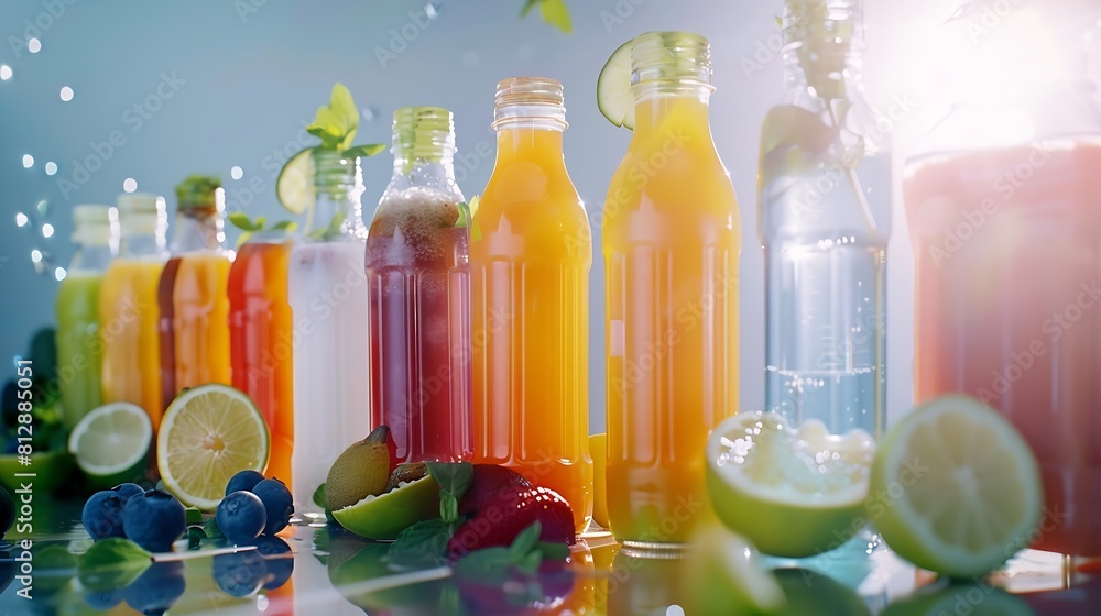 Poster fresh detox fruit and vegetable smoothies or juice in bottles with various ingredients around essent