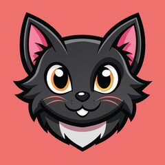 A black cat with vibrant orange eyes stands out against a pink background, Cute Black Cat Head Logo Mascot, Illustration Vector