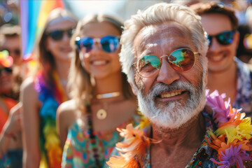Elderly and young people celebrating together in a spirited LGBT Pride parade, holding banners and wearing colorful outfits. AI generated.