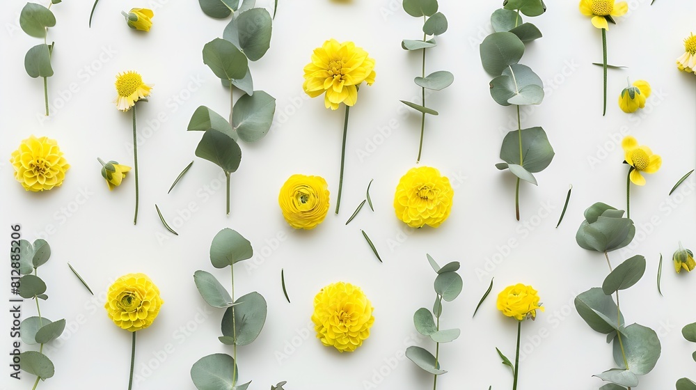 Poster flowers composition pattern made of yellow flowers and eucalyptus leaves on white background flat la