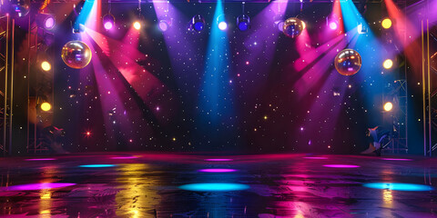 Empty dance floor of club stage under colorful spotlights, disco balls background - Ai Generated