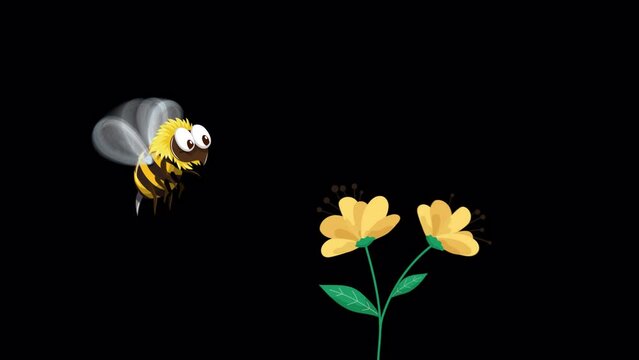 The animated video depicts the smooth movement of a bee around vibrant flowers against a transparent alpha channel background. This scene creates an atmosphere of naturalness and tranquility, showcasi