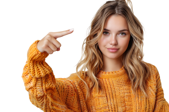 Confident woman dressed orange sweater pointing finger empty space on isolated transparent background
