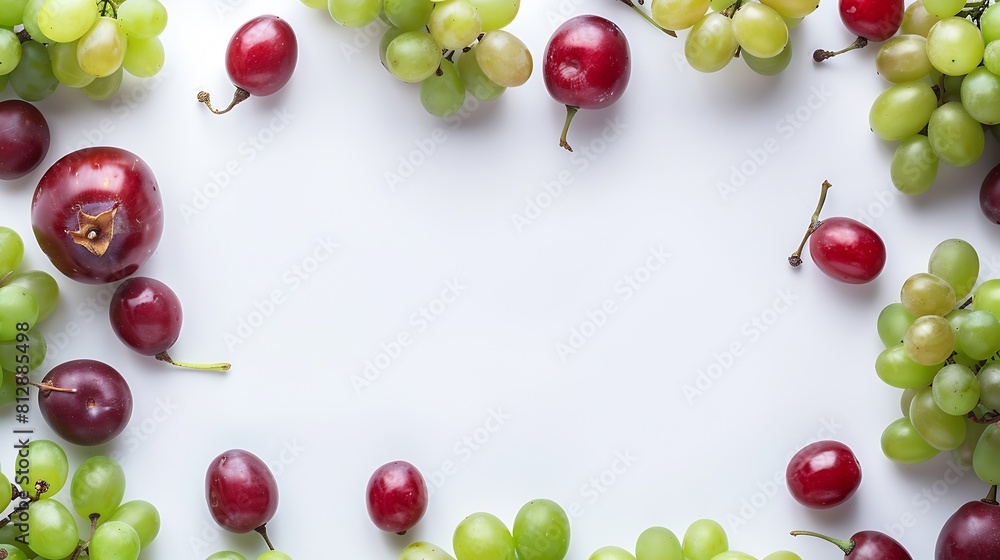 Poster Green and red grape fruit creative  frame and layout isolated on white background Healthy eating and food concept Fresh berries composition and design element Top view flat lay : Generative AI