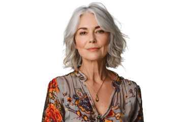 friendly person with gray hairstyle dressed on isolated transparent background