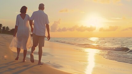 Happy Romantic Middle Aged Couple Enjoying Beautiful Sunset Walk on the Beach Travel Vacation Retirement Lifestyle Concept : Generative AI
