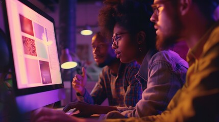 diverse team of professionals engaged in a website graphic design board meeting sharing opinions on UX and UI design elements Asian man African American people black afro caucasian fem : Generative AI