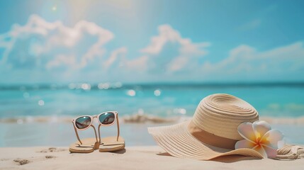 Straw hat bag sun glasses and flip flops on a tropical beach : Generative AI