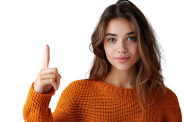 Confident woman dressed orange sweater pointing finger empty space on isolated transparent background