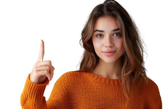 Confident woman dressed orange sweater pointing finger empty space on isolated transparent background