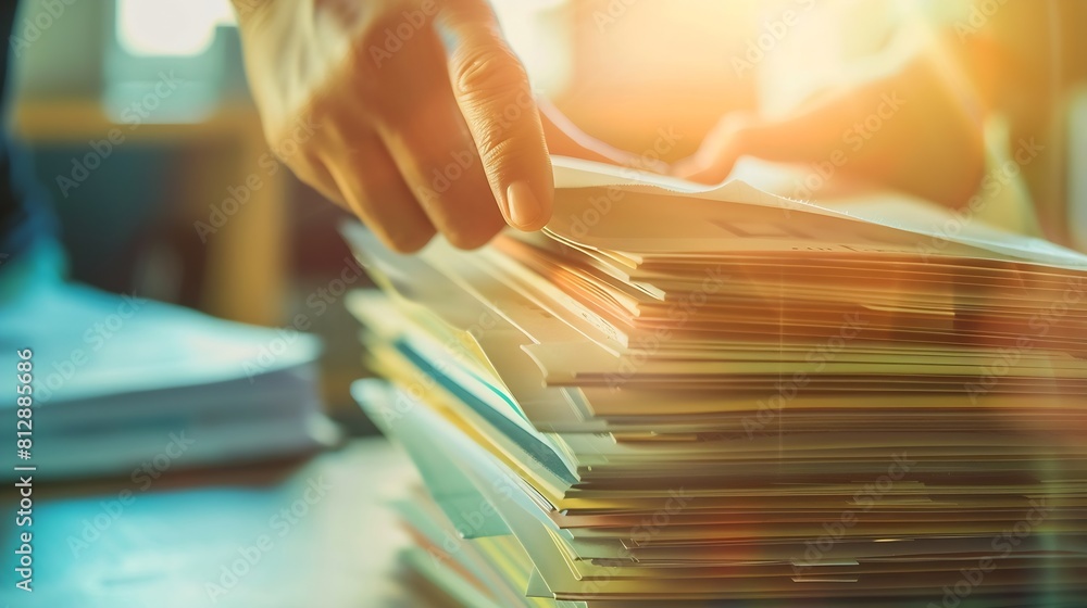 Poster pile of presentation brochure document concept businessman hands working in business documents on st