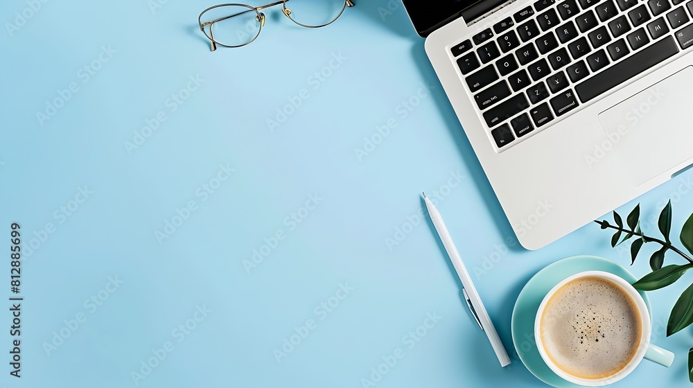 Poster minimal work space creative flat lay photo of workspace desk top view office desk with laptop notebo