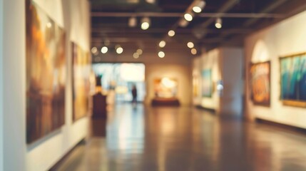 The art gallery interior showcases paintings on the walls, softly blurred, with warm lighting...