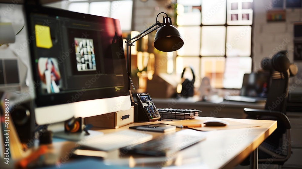 Poster Designers desk with responsive web design concept : Generative AI