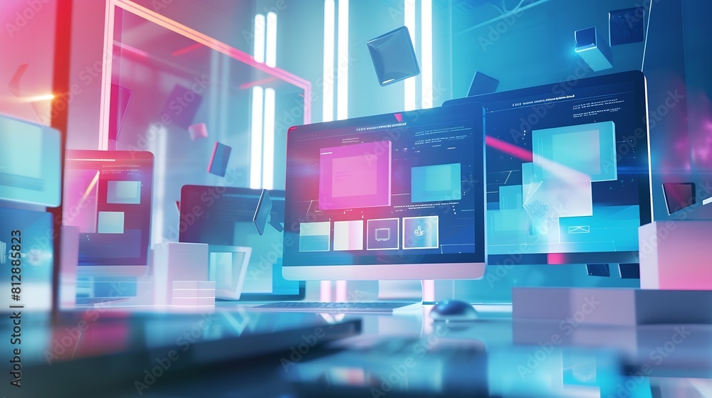 Leinwandbilder Creative web design studio with flying web page layout elements concept : Generative AI