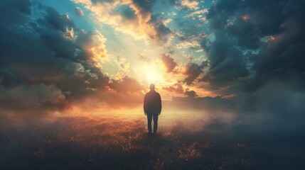 Silhouette of alone person looking at heaven. Lonely man standing in fantasy landscape with shining cloudy sky. Meditation and spiritual life hyper realistic 