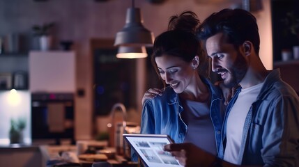 Obraz premium Couple looking at apartment layout on tablet : Generative AI