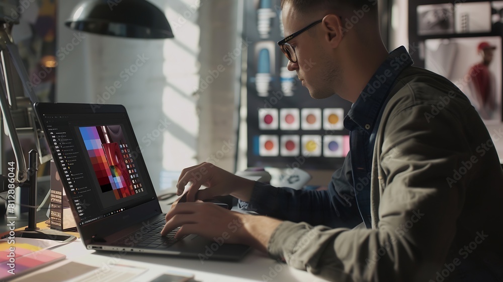Poster The designer works with a laptop while also designing colors for his work : Generative AI