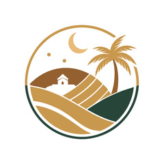A palm tree stands next to a house within a circular shape, creating a minimalist logo design for a desert resort, Design a minimalist logo for a desert resort with a touch of elegance