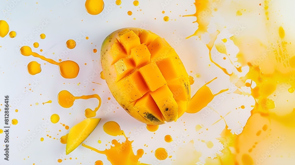 Poster creative layout made of mango with watercolor spots on the white background flat lay food concept : 