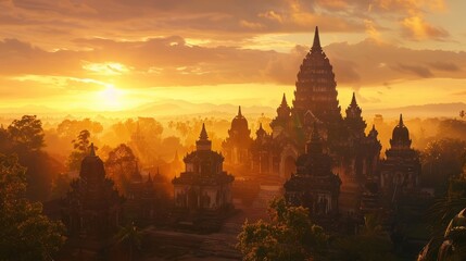 Sunset view of Prambanan Temple, one of the largest Hindu temples in Java Indonesia. 4K, UHD hyper...