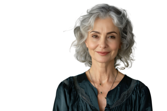 friendly person with gray hairstyle dressed on isolated transparent background
