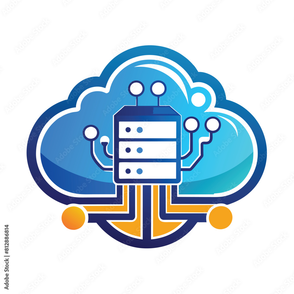 Poster a server placed on top of a cloud, illustrating cloud computing technology, design a modern and clea