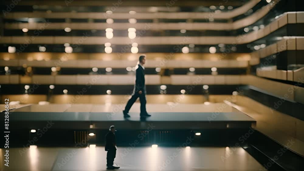 Poster man in suit standing on platform in large building generative ai