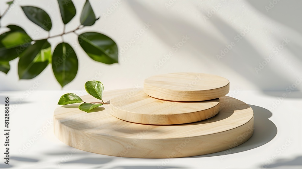 Poster natural round wooden stand for presentation and exhibitions on white background with shadow mock up 